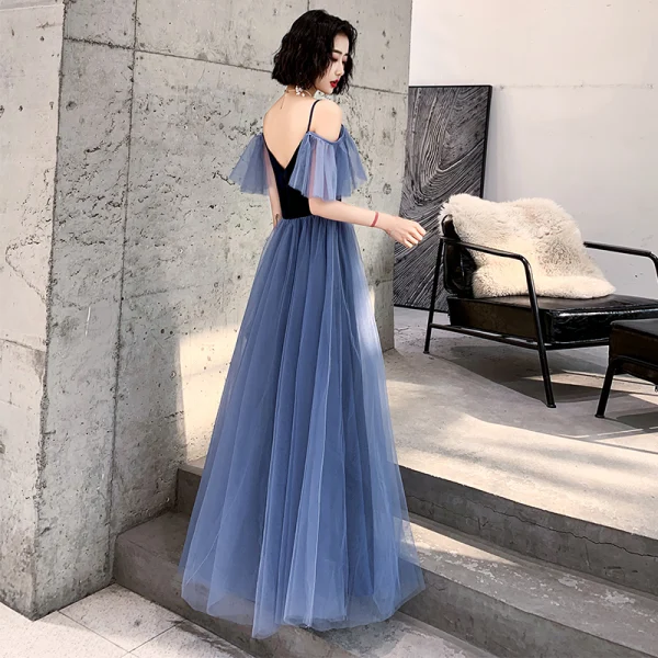 Chic / Beautiful Royal Blue Suede Evening Dresses  2020 A-Line / Princess Spaghetti Straps Short Sleeve Floor-Length / Long Ruffle Backless Formal Dresses