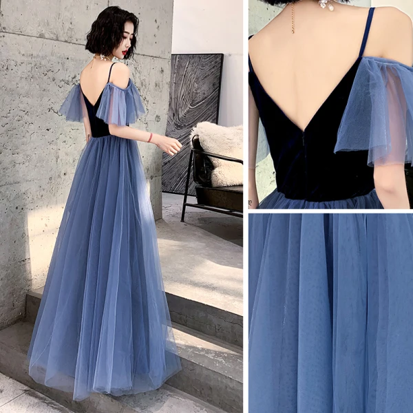 Chic / Beautiful Royal Blue Suede Evening Dresses  2020 A-Line / Princess Spaghetti Straps Short Sleeve Floor-Length / Long Ruffle Backless Formal Dresses