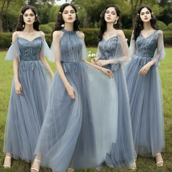 Affordable Sky Blue Bridesmaid Dresses 2020 A Line Princess Backless Leaf Appliques Lace Floor Length Long Ruffle