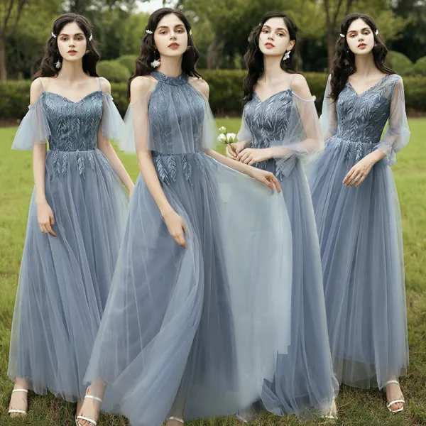 Affordable Sky Blue Bridesmaid Dresses 2020 A-Line / Princess Backless Leaf Appliques Lace Floor-Length / Long Ruffle