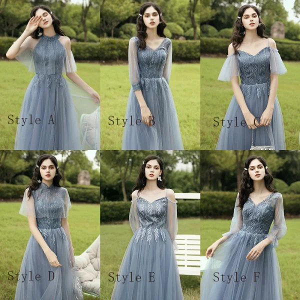 Abordable Bleu Ciel Robe Demoiselle D'honneur 2020 Princesse Dos Nu Feuille Appliques En Dentelle Longue Volants