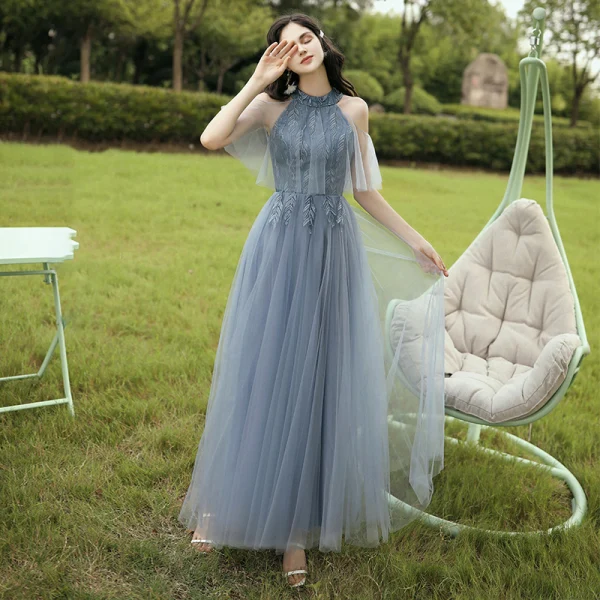 Abordable Bleu Ciel Robe Demoiselle D'honneur 2020 Princesse Dos Nu Feuille Appliques En Dentelle Longue Volants