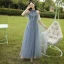 Abordable Bleu Ciel Robe Demoiselle D'honneur 2020 Princesse Dos Nu Feuille Appliques En Dentelle Longue Volants