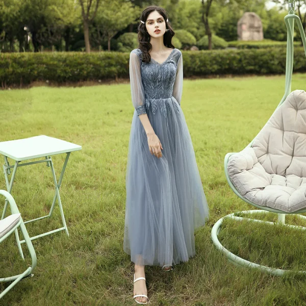 Abordable Bleu Ciel Robe Demoiselle D'honneur 2020 Princesse Dos Nu Feuille Appliques En Dentelle Longue Volants