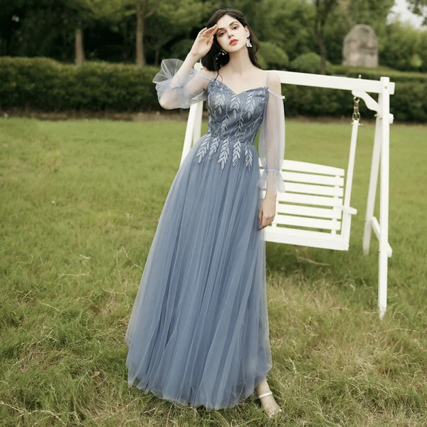 Affordable Sky Blue Bridesmaid Dresses 2020 A-Line / Princess Backless Leaf Appliques Lace Floor-Length / Long Ruffle Affordable Sky Blue Bridesmaid Dresses 2020 A-Line / Princess Backless Leaf Appliques Lace Floor-Length / Long Ruffle