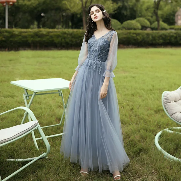 Abordable Bleu Ciel Robe Demoiselle D'honneur 2020 Princesse Dos Nu Feuille Appliques En Dentelle Longue Volants