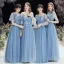 Abordable Bleu Ciel Transparentes Robe Demoiselle D'honneur 2020 Princesse Dos Nu Appliques En Dentelle Longue Volants
