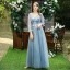 Abordable Bleu Ciel Transparentes Robe Demoiselle D'honneur 2020 Princesse Dos Nu Appliques En Dentelle Longue Volants