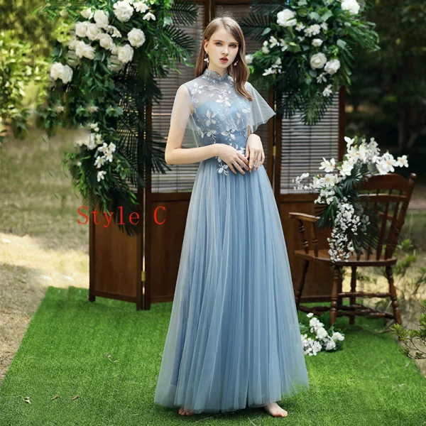 Abordable Bleu Ciel Transparentes Robe Demoiselle D'honneur 2020 Princesse Dos Nu Appliques En Dentelle Longue Volants