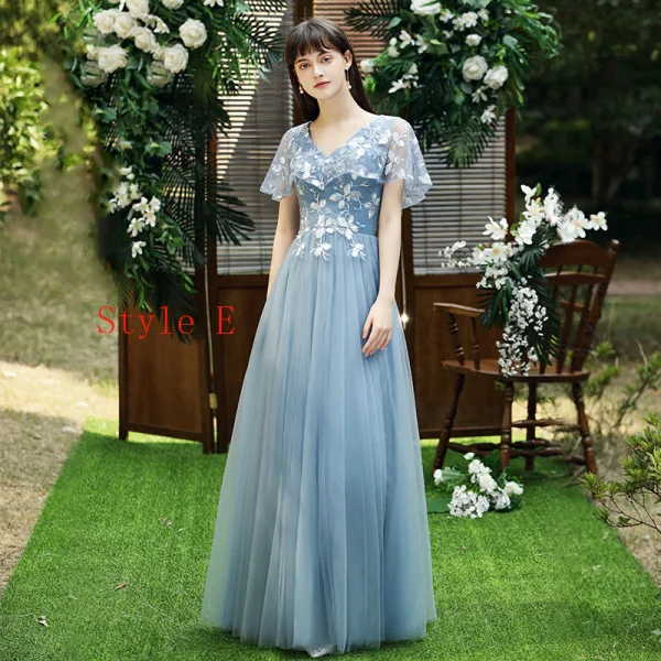 Abordable Bleu Ciel Transparentes Robe Demoiselle D'honneur 2020 Princesse Dos Nu Appliques En Dentelle Longue Volants