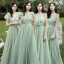 Affordable Mint Green See-through Bridesmaid Dresses 2020 A-Line / Princess Sleeveless Backless Sash Floor-Length / Long Ruffle