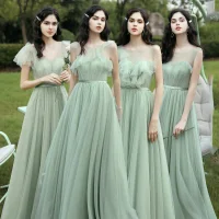 Asequible Verde Lima Transparentes Vestidos De Damas De Honor 2020 A-Line / Princess Sin Mangas Sin Espalda Cinturón Largos Ruffle