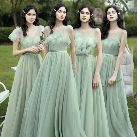 Affordable Mint Green See-through Bridesmaid Dresses 2020 A-Line / Princess Sleeveless Backless Sash Floor-Length / Long Ruffle