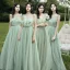 Affordable Mint Green See-through Bridesmaid Dresses 2020 A-Line / Princess Sleeveless Backless Sash Floor-Length / Long Ruffle