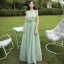 Affordable Mint Green See-through Bridesmaid Dresses 2020 A-Line / Princess Sleeveless Backless Sash Floor-Length / Long Ruffle