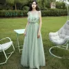 Affordable Mint Green See-through Bridesmaid Dresses 2020 A-Line / Princess Sleeveless Backless Sash Floor-Length / Long Ruffle
