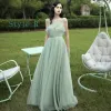 Affordable Mint Green See-through Bridesmaid Dresses 2020 A-Line / Princess Sleeveless Backless Sash Floor-Length / Long Ruffle