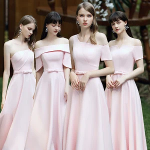 Affordable Blushing Pink Satin Bridesmaid Dresses 2020 A Line Princess Backless Bow Sash Floor Length Long Ruffle
