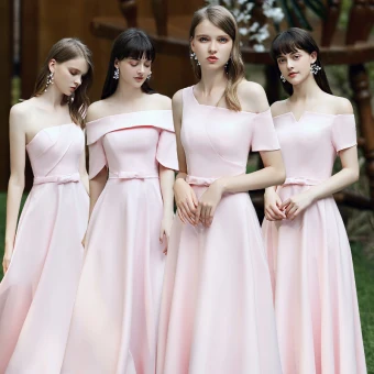 Affordable Blushing Pink Satin Bridesmaid Dresses 2020 A Line Princess Backless Bow Sash Floor Length Long Ruffle