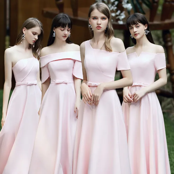 Affordable Blushing Pink Satin Bridesmaid Dresses 2020 A-Line Princess  Backless Bow Sash