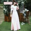 Affordable Blushing Pink Satin Bridesmaid Dresses 2020 A-Line / Princess Backless Bow Sash Floor-Length / Long Ruffle