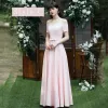 Affordable Blushing Pink Satin Bridesmaid Dresses 2020 A-Line / Princess Backless Bow Sash Floor-Length / Long Ruffle