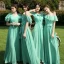 Affordable Mint Green Chiffon Bridesmaid Dresses 2020 A-Line / Princess Short Sleeve Backless Sash Floor-Length / Long Ruffle