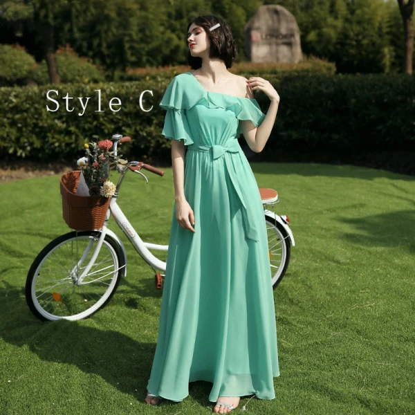 Affordable Mint Green Chiffon Bridesmaid Dresses 2020 A-Line / Princess Short Sleeve Backless Sash Floor-Length / Long Ruffle