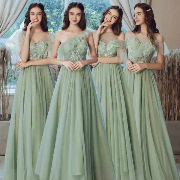 Affordable Sage Green See-through Bridesmaid Dresses 2020 A-Line / Princess Backless Appliques Lace Floor-Length / Long Ruffle