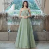 Affordable Sage Green See-through Bridesmaid Dresses 2020 A-Line / Princess Backless Appliques Lace Floor-Length / Long Ruffle
