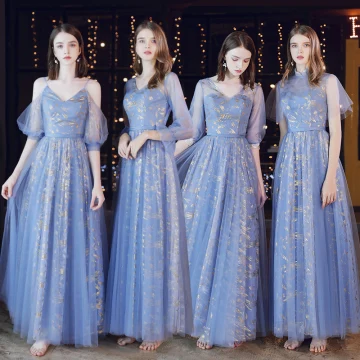Abordable Océan Bleu Transparentes Robe Demoiselle D Honneur 2020 Princesse Dos Nu Glitter Tulle Longue Volants