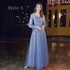 Asequible Océano Azul Transparentes Vestidos De Damas De Honor 2020 A-Line / Princess Sin Espalda Glitter Tul Largos Ruffle