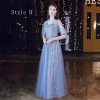 Affordable Ocean Blue See-through Bridesmaid Dresses 2020 A-Line / Princess Backless Glitter Tulle Floor-Length / Long Ruffle
