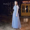 Affordable Ocean Blue See-through Bridesmaid Dresses 2020 A-Line / Princess Backless Glitter Tulle Floor-Length / Long Ruffle
