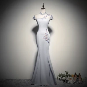 Style Chinois Gris Transparentes Robe De Soirée 2020 Trompette Sirène Col Haut Mancherons Fleur Appliques En Dentelle Perlage Longue Dos Nu Robe De Ceremonie