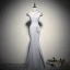 Chinese style Grey See-through Evening Dresses  2020 Trumpet / Mermaid High Neck Cap Sleeves Flower Appliques Lace Beading Floor-Length / Long Backless Formal Dresses