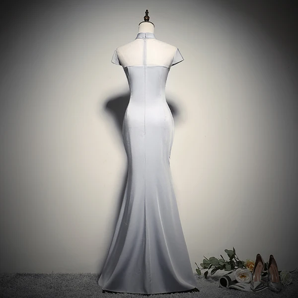 Chinese style Grey See-through Evening Dresses 2020 Trumpet / Mermaid High Neck Cap Sleeves Flower Appliques Lace Beading Floor-Length / Long Backless Formal Dresses