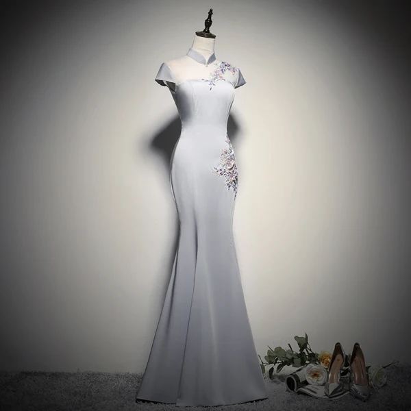 Chinese style Grey See-through Evening Dresses 2020 Trumpet / Mermaid High Neck Cap Sleeves Flower Appliques Lace Beading Floor-Length / Long Backless Formal Dresses