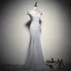Style Chinois Gris Transparentes Robe De Soirée 2020 Trompette / Sirène Col Haut Mancherons Fleur Appliques En Dentelle Perlage Longue Dos Nu Robe De Ceremonie
