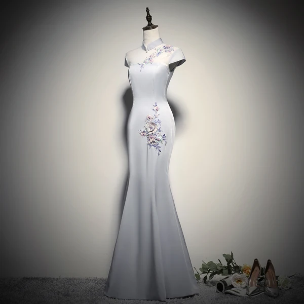 Chinese style Grey See-through Evening Dresses 2020 Trumpet / Mermaid High Neck Cap Sleeves Flower Appliques Lace Beading Floor-Length / Long Backless Formal Dresses