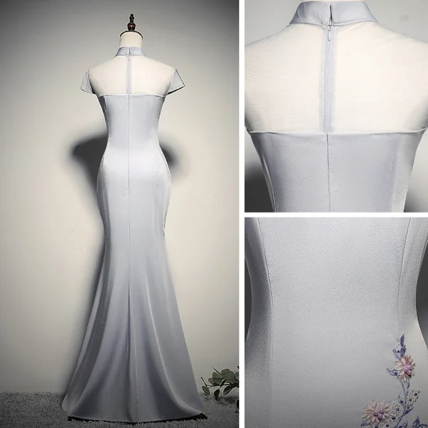 Chinese style Grey See-through Evening Dresses 2020 Trumpet / Mermaid High Neck Cap Sleeves Flower Appliques Lace Beading Floor-Length / Long Backless Formal Dresses