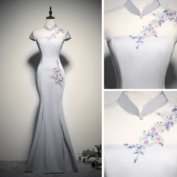 Chinese style Grey See-through Evening Dresses 2020 Trumpet / Mermaid High Neck Cap Sleeves Flower Appliques Lace Beading Floor-Length / Long Backless Formal Dresses