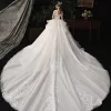Chic / Beautiful Champagne Bridal Wedding Dresses 2020 Ball Gown Off-The-Shoulder Short Sleeve Backless Appliques Lace Beading Glitter Tulle Cathedral Train Ruffle
