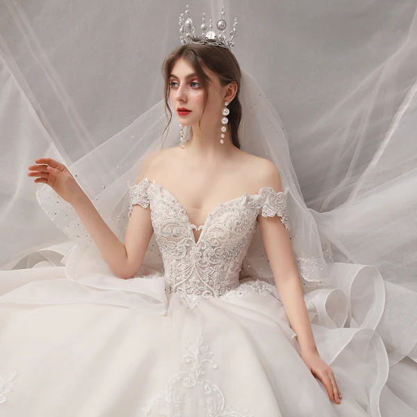 Chic / Beautiful Champagne Bridal Wedding Dresses 2020 Ball Gown Off-The-Shoulder Short Sleeve Backless Appliques Lace Beading Glitter Tulle Cathedral Train Ruffle
