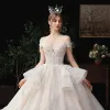 Chic / Beautiful Champagne Bridal Wedding Dresses 2020 Ball Gown Off-The-Shoulder Short Sleeve Backless Appliques Lace Beading Glitter Tulle Cathedral Train Ruffle