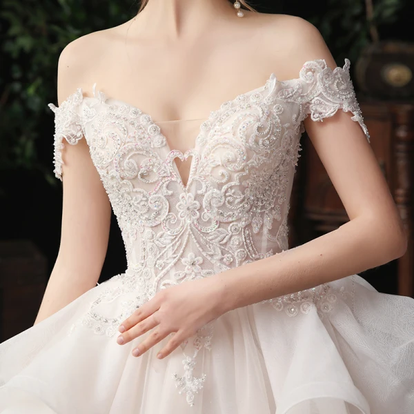 Chic / Beautiful Champagne Bridal Wedding Dresses 2020 Ball Gown Off-The-Shoulder Short Sleeve Backless Appliques Lace Beading Glitter Tulle Cathedral Train Ruffle