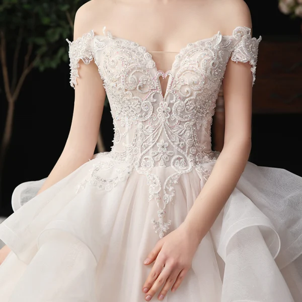 Chic / Beautiful Champagne Bridal Wedding Dresses 2020 Ball Gown Off-The-Shoulder Short Sleeve Backless Appliques Lace Beading Glitter Tulle Cathedral Train Ruffle