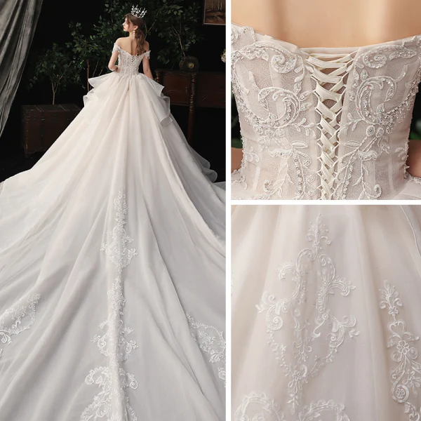 Chic / Beautiful Champagne Bridal Wedding Dresses 2020 Ball Gown Off-The-Shoulder Short Sleeve Backless Appliques Lace Beading Glitter Tulle Cathedral Train Ruffle