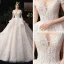 Chic / Beautiful Champagne Bridal Wedding Dresses 2020 Ball Gown Off-The-Shoulder Short Sleeve Backless Appliques Lace Beading Glitter Tulle Cathedral Train Ruffle