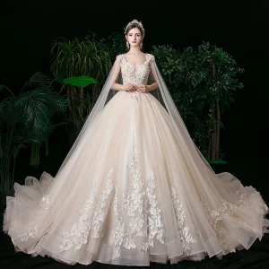 Romantic Champagne See Through Bridal Wedding Dresses 2020 Ball Gown Scoop Neck Sleeveless Backless Appliques Lace Beading Glitter Tulle Watteau Train Ruffle